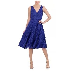Eliza J Women's Blue 3D‎ Floral Applique V Neck Fit & Flare Dress Size 14